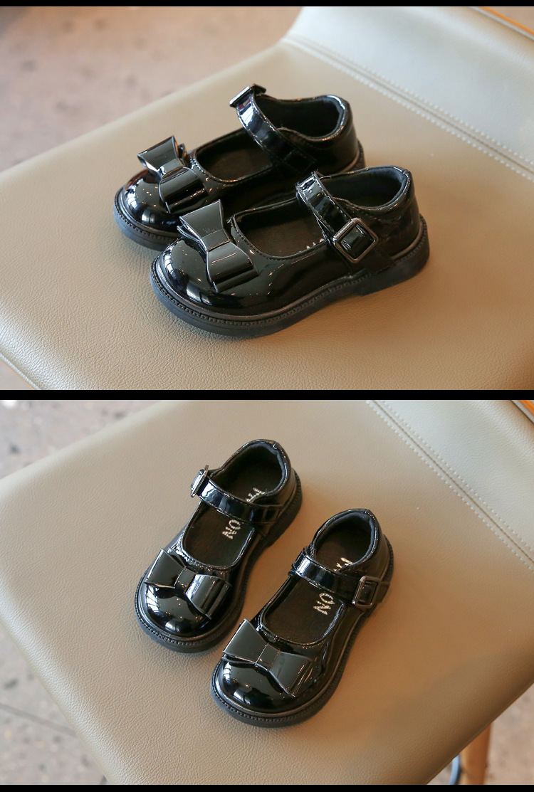 Chaussures de princesse en cuir brillant avec nœud Sho pour enfants, nouveau Style coréen, chaussures de Performance à semelle souple à la mode pour petites filles, printemps et automne 2024_voghion.com