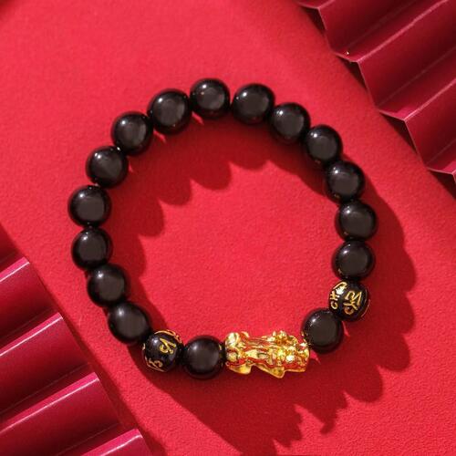 Cross-border fashion obsidian couple's bracelets with Pixiu, Six Syllable Mantra New Year Bracelets, Gold Light Luxury Style Buddhist Rosary Chains