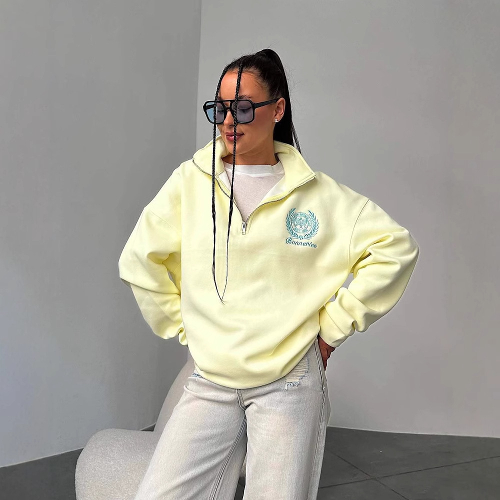 2025 Spring Autumn Candy Color Series Letter Embroidered Sweatshirt Front And Back Printed Lazy Half-Zip Top For Women_voghion.com