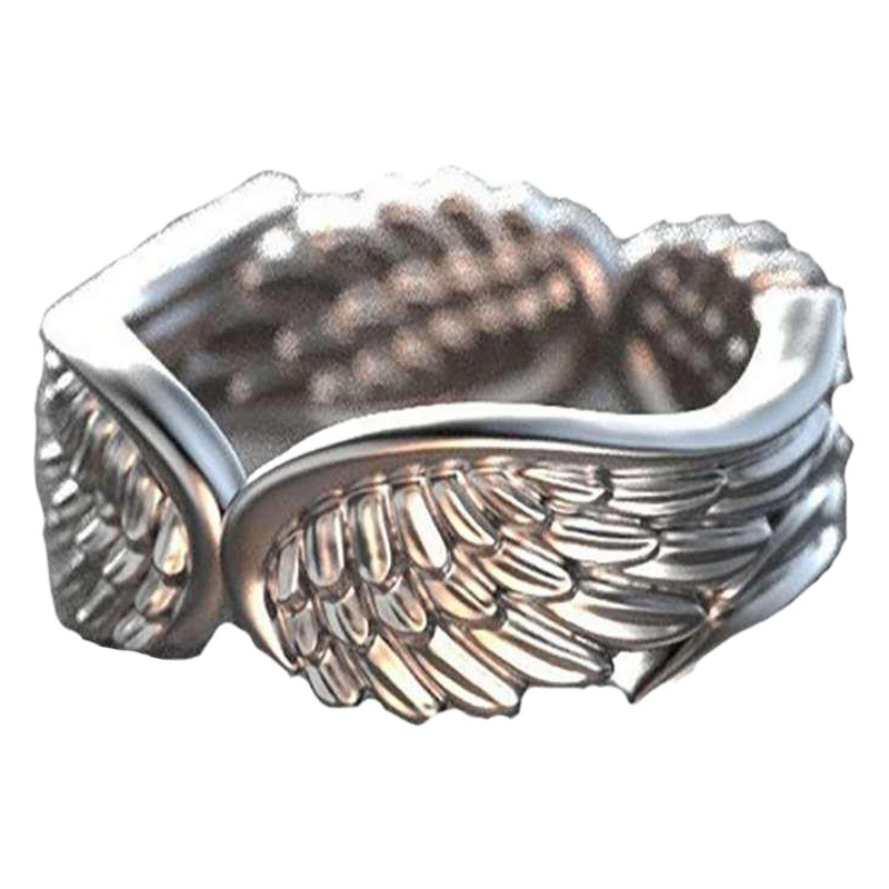 Anillo de Plumas con Alas de Ángel de Diseño Original Popular Transfronterizo, Anillo Negro de Plata Tailandesa Retro Europeo y Americano