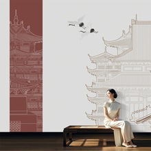 2025壁纸新中式亭台楼阁电视背景墙壁布客厅墙纸沙发装饰墙布壁画