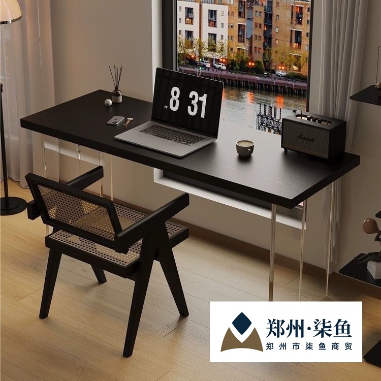 Black Solid Wood Acrylic Suspended Desk Desktop Computer Table Double Office Wabi-Sabi Style E-Sports Study Table