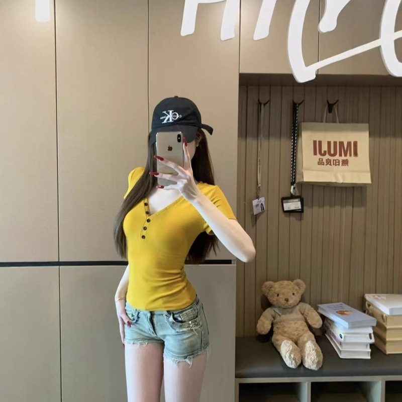 Chocolate Girl Hot Girl Style Yellow Easiest for Match V Neck Short Sleeve T-Shirt Women's Summer New Stretch Tight Sexy Top
