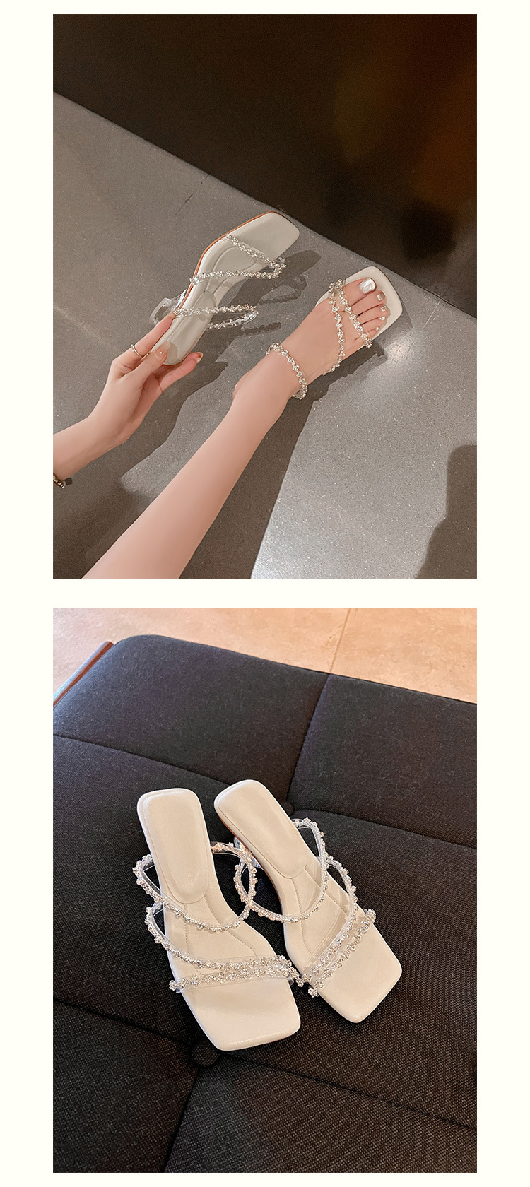 Sandal nữ quai mảnh đính đá mũi vuông hở mũi gót cao trong suốt đế xuồng — trắng chi tiết 12