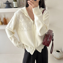 2025秋季新款韩版时尚连帽宽松显瘦镂空针织开衫女百搭毛衣外套潮