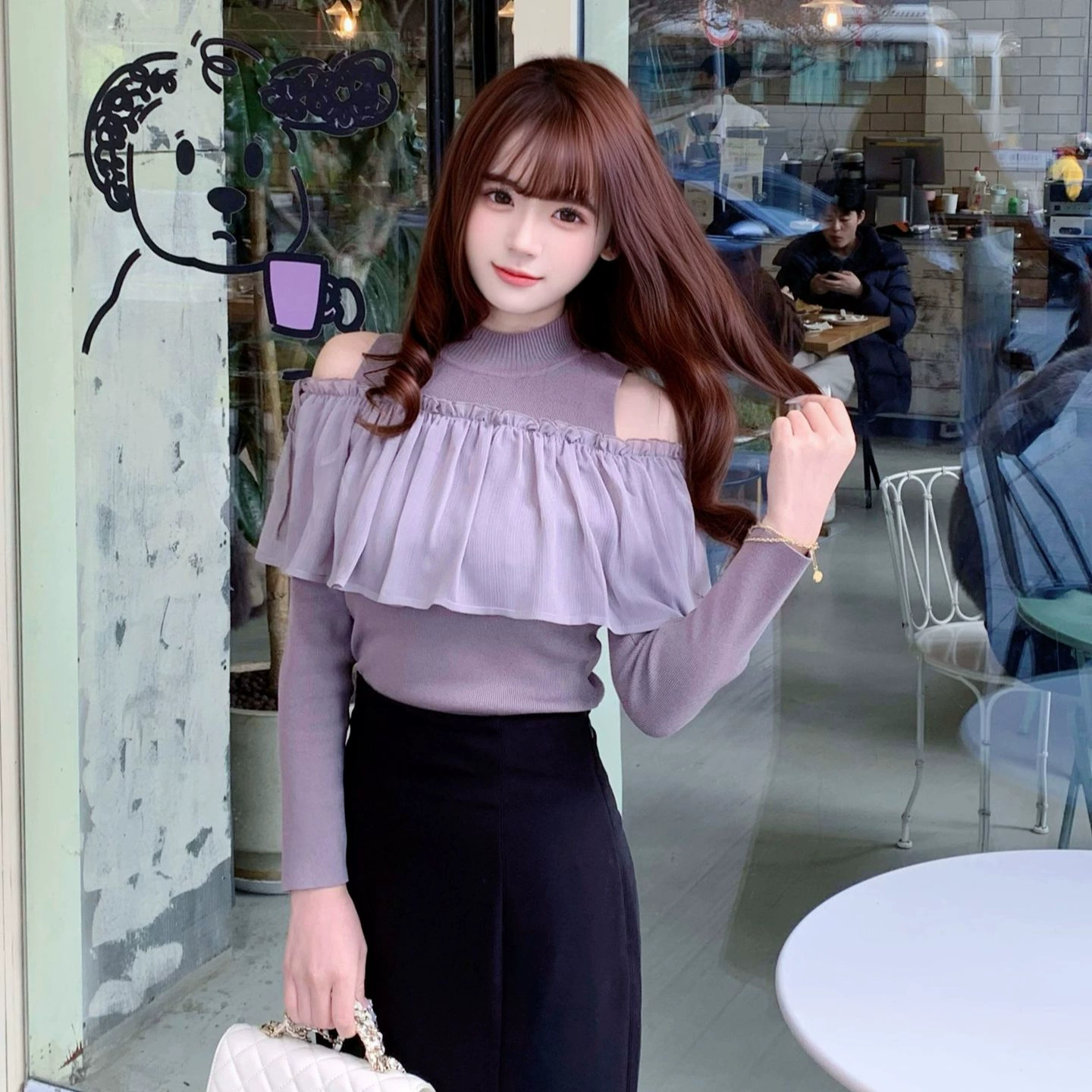 [Huilin] 2025 Японский стиль, тонкий вязаный свитер с рюшами, открытыми плечами и круглым вырезом, модель 25AB001/25AB024
