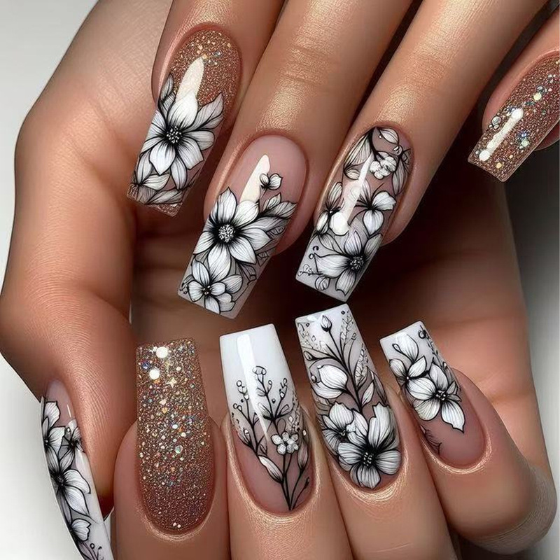 Spring 2025 Retro Simple Black and White Line Drawing Flower Design Rectangular Wear Nail Art Patch