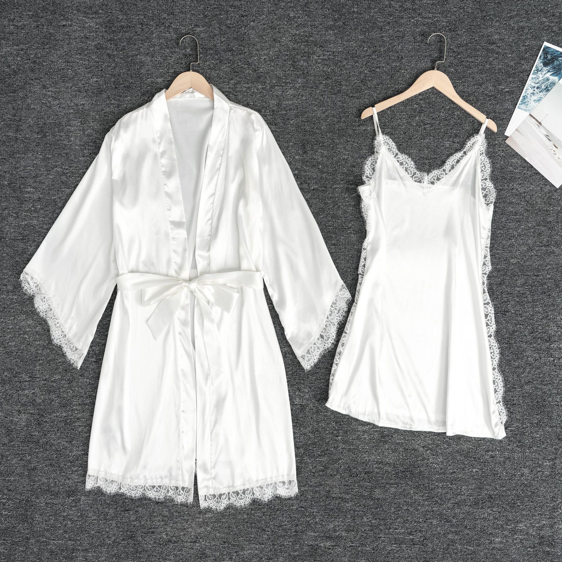 GraceChic GraceChic New Satin Stretch Colorful European American Women's Pajamas Cardigan Lace-Up Robe And Pants Set Solid Color Home Wear_voghion.com