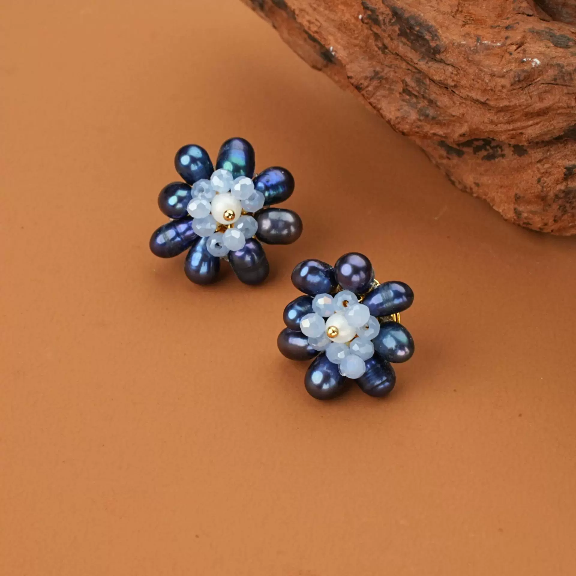 跨境天然淡水珍珠耳钉蓝彩色手工设计师花朵镶嵌珍珠耳饰首饰套装