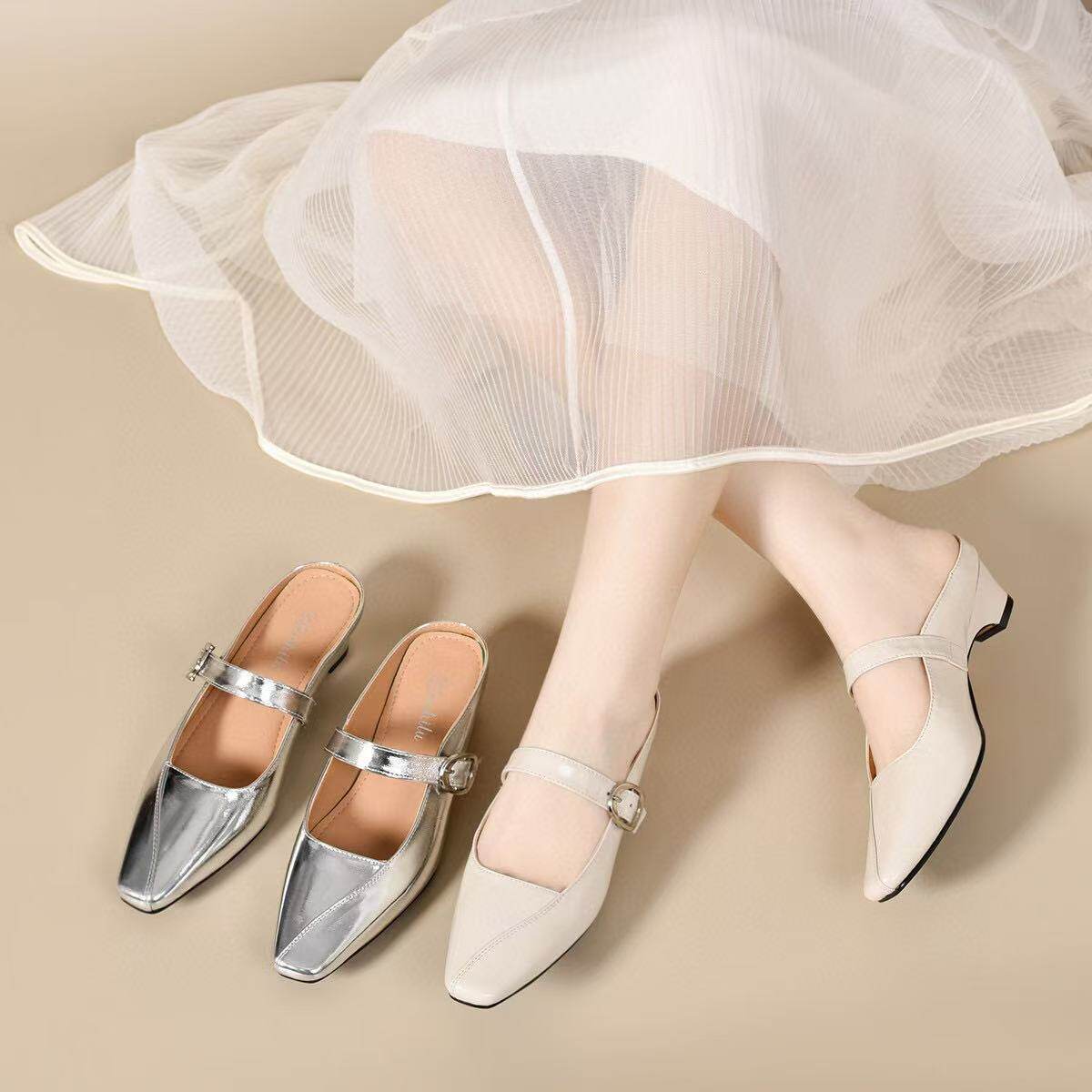 Dép sandal nữ da thật mũi vuông phong cách tiên nữ, gót thô chống trượt — màu be