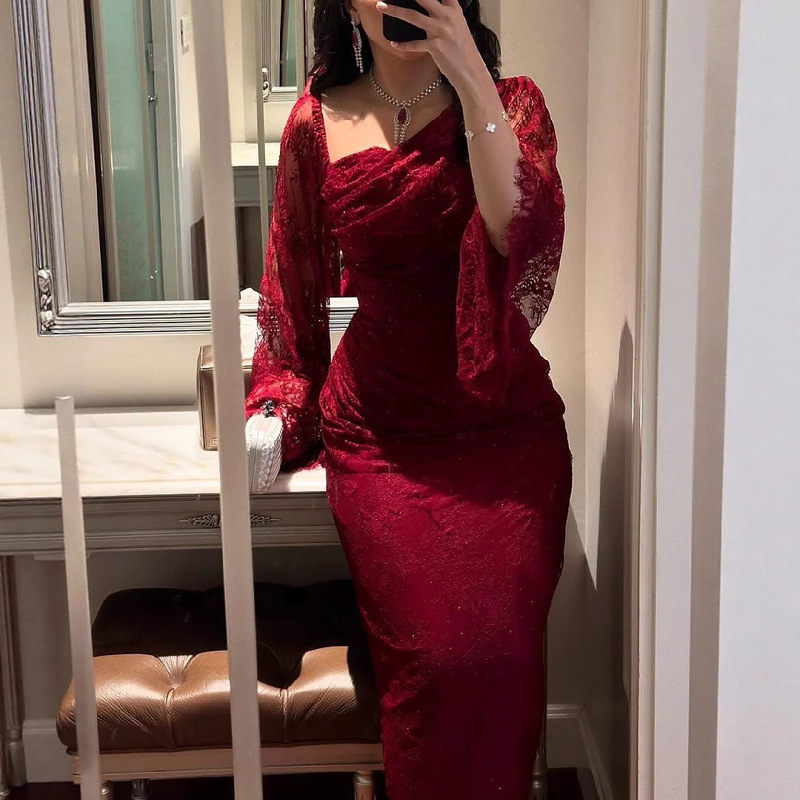 2025 Spring Cross-Border European and American Women's Fashion Independent Website Amazon Elegant Lace Rhinestone Bodycon Evening Dress 2025 Spring Cross-Border European and American Women's Fashion Independent Website Amazon Elegant Lace Rhinestone Bodycon Evening Dress