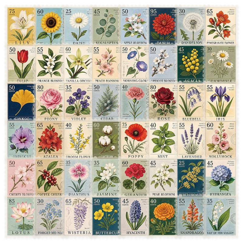 50 vintage plant stamp stickers cartoon PET floral stamp journal materials phone case notebook stickers 50 vintage plant stamp stickers cartoon PET floral stamp journal materials phone case notebook stickers