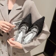 53019 高跟拖鞋女细跟2026年新款包头毛绒半拖鞋尖头水钻毛毛单鞋