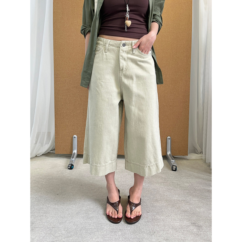 See 3L High-Waisted Cropped Pants for Women, Summer Cotton Versatile Wide-Leg Loose Design Denim Shorts Cy537