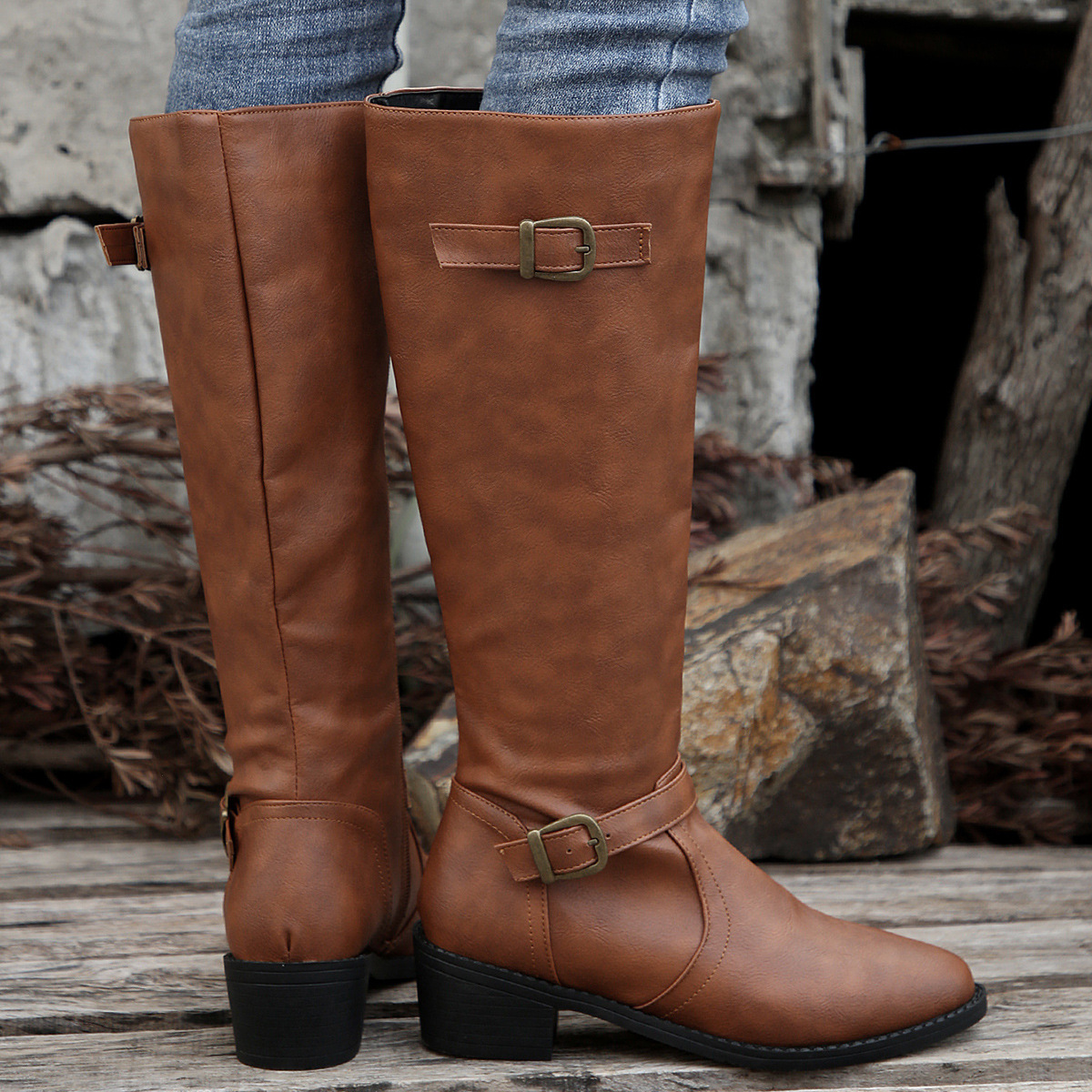 Women's boots Square heel high knight boots belt buckle Solid color boots for women_voghion.com