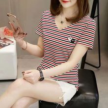 特价版淘宝断码品牌女装限时秒杀夏季女装条纹V领上衣女士棉短