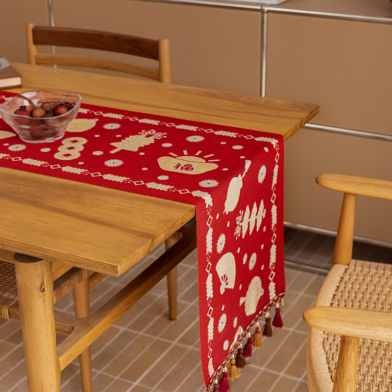 Chinese Style New Year Festive Red Restaurant Table Tassel Color Woven Jacquard Wedding Decoration Dining Cabinet Cover_voghion.com