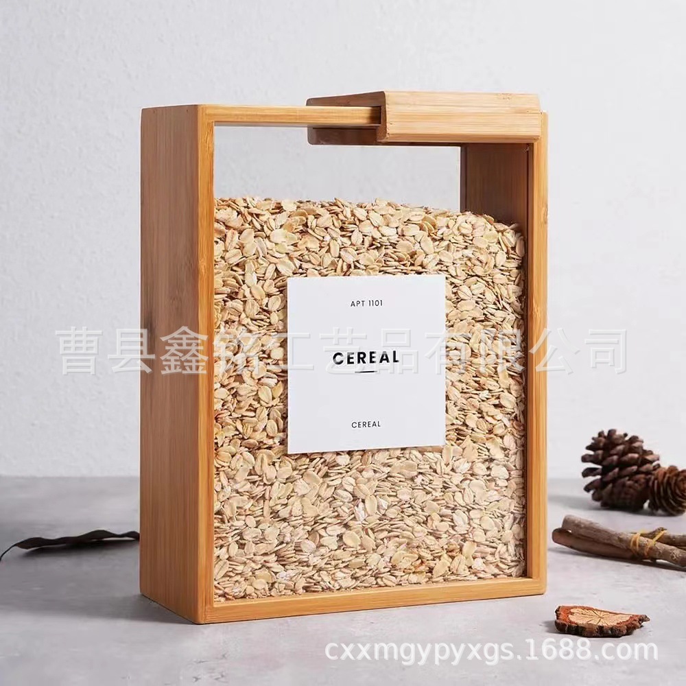 Caja de contenedores de almacenamiento de alimentos de madera doméstica caja de almacenamiento de granos de madera de bambú creativa simple dispensador de alimentos de madera sólida