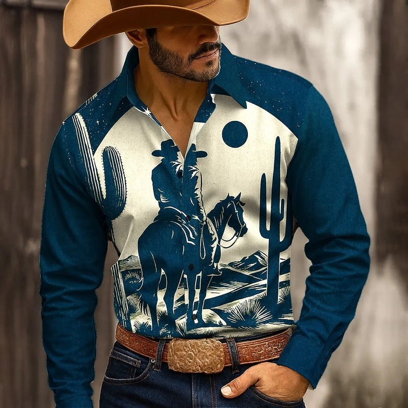 Men's 2025 Long Sleeve Shirt Cowboy Riding Shirt Western Shirt Street 3D Printed Casual Slim Shirt