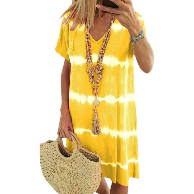 Walmart Cross-border Summer V-neck Striped Printed Tie-dye Short-sleeve Dress For Women In European_ecoleips.com