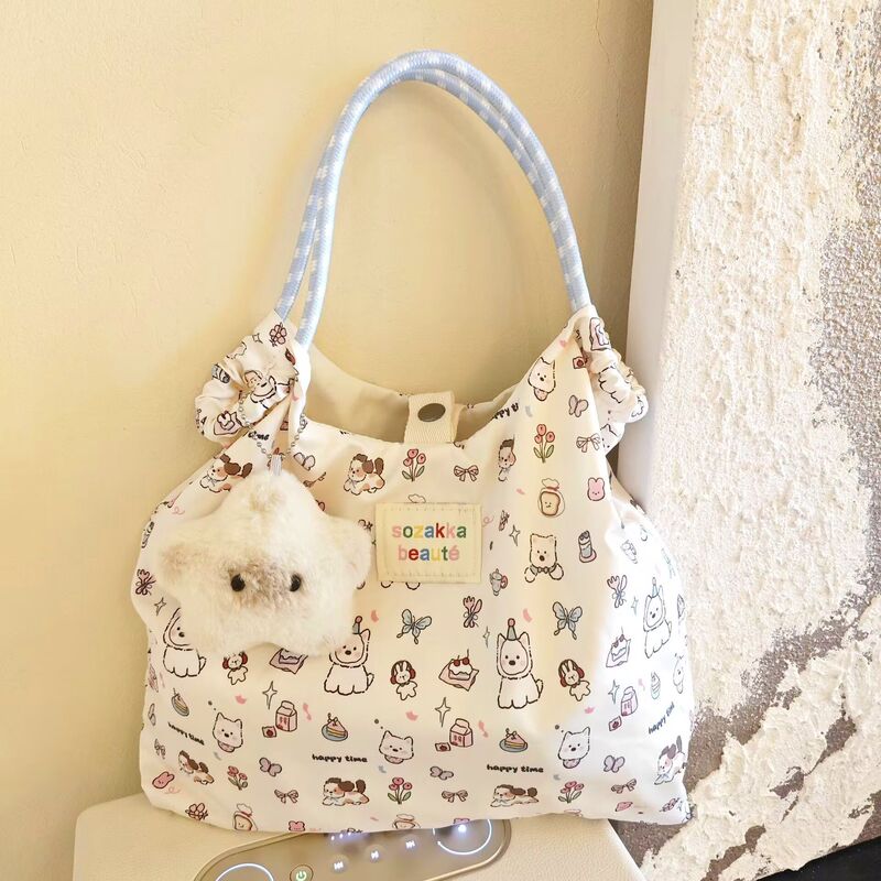New Printed Cute Puppy Shoulder Bag Female Student Korean Style Tote Bag Cartoon Large Capacity Hand Bag Class Bag