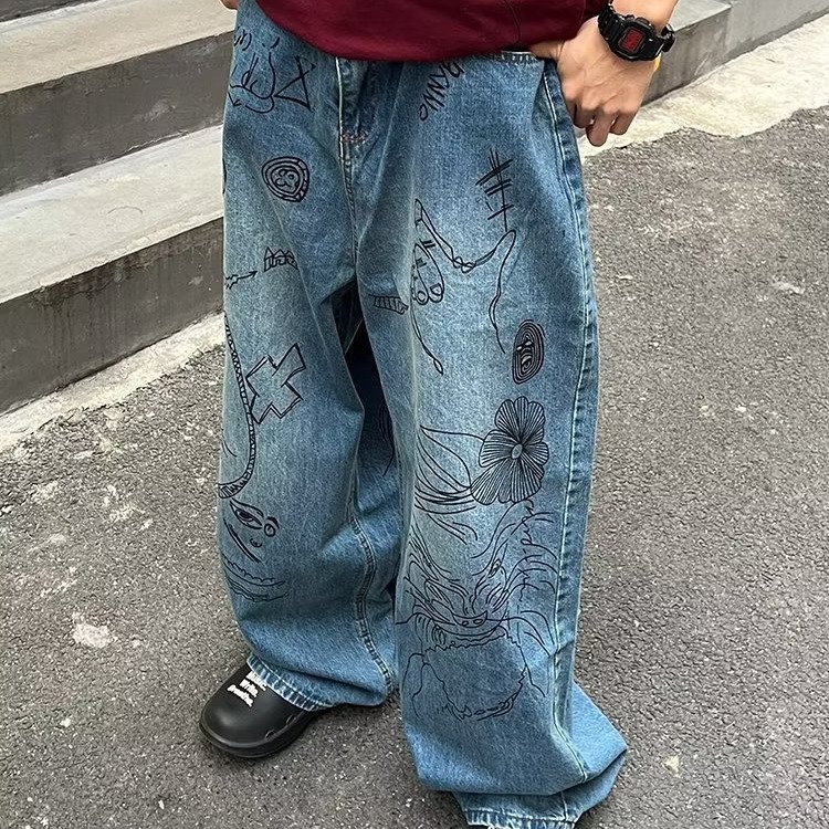 Graffiti Jeans for Men, Korean Style, High Street, Cool and Handsome, 2024 Spring and Summer, Personalized Wide-Leg Denim Pants, High Street Style