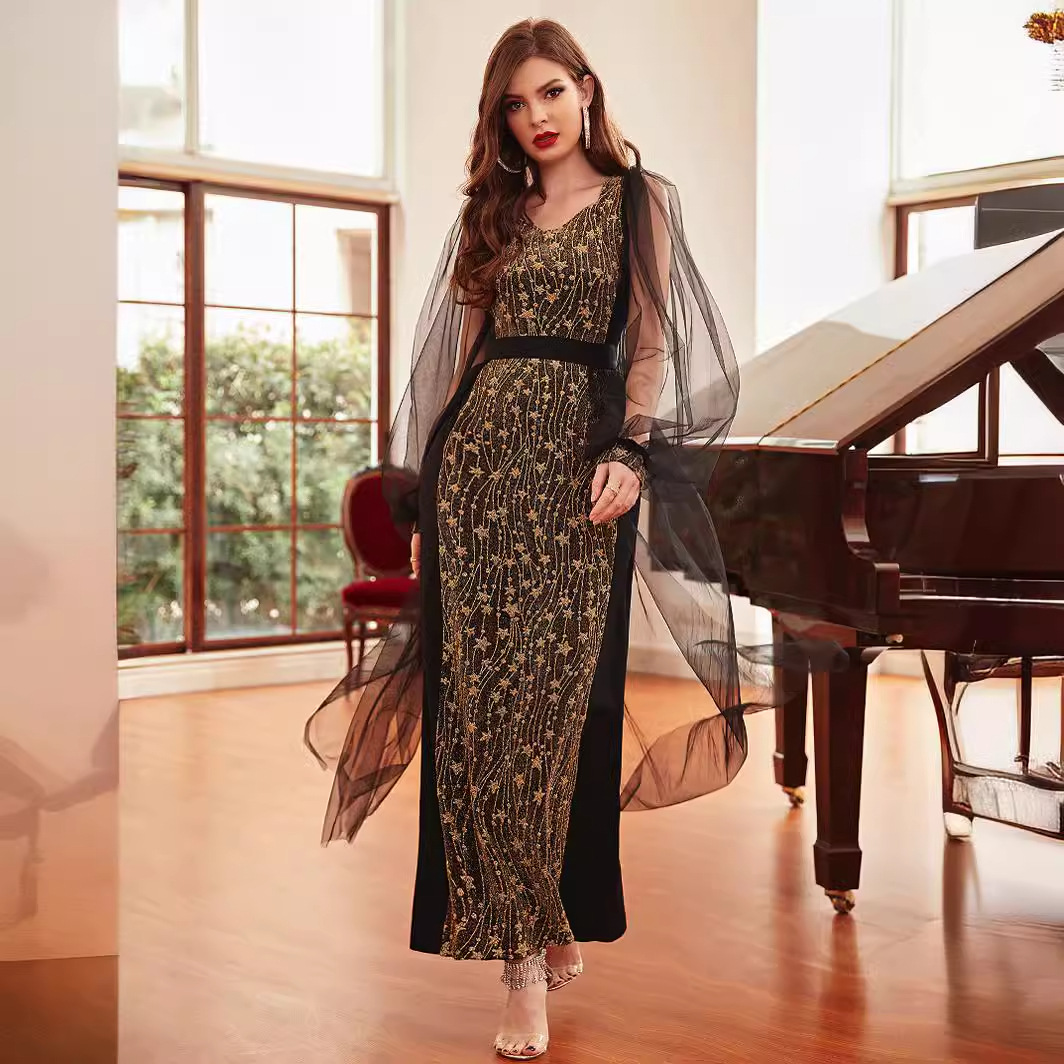 High elastic gold jacquard knitted mesh sleeves design dress long skirt party dress_autovado.com