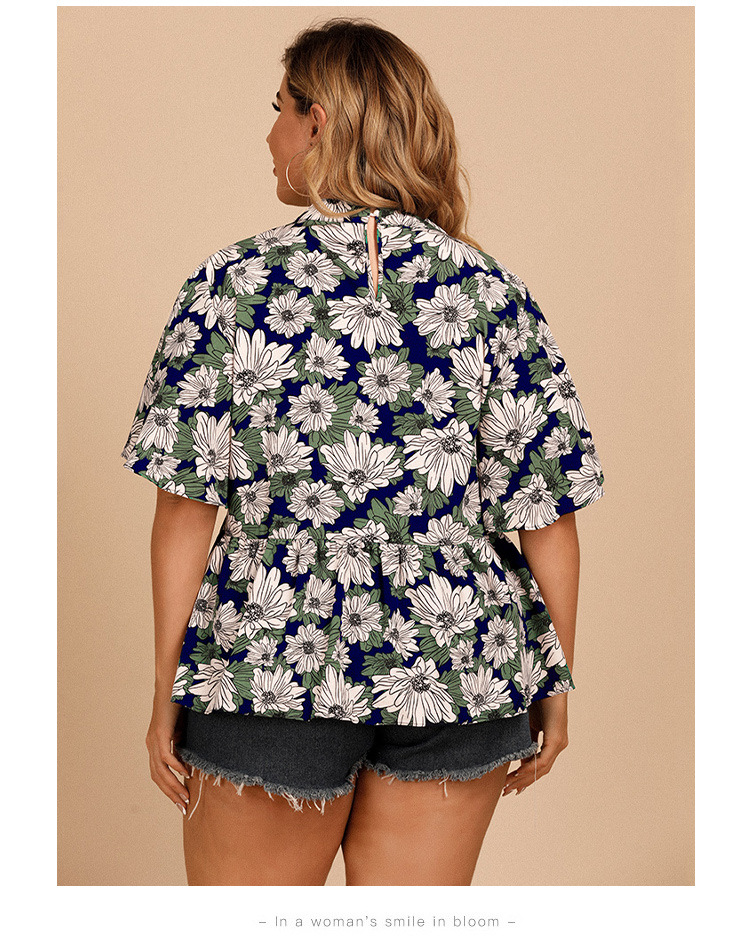 Plus Size hanging Neck Lotus Leaf Sleeve Floral Shirt NSJR59634