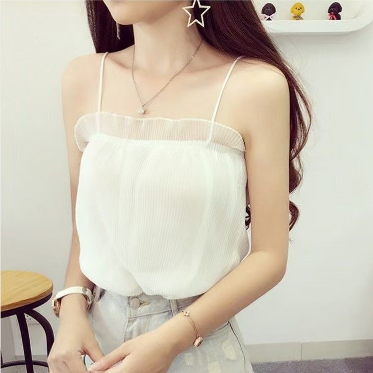 Women’s Ruffled Pleated Chiffon Camisole, Sleeveless Tummy-Concealing Summer Top, Pink — detail image 3