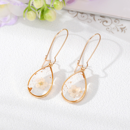 European and American cross-border new large drop dried flower earring, fashionable gold foil eternal flower earring, pastoral style versatile earrings