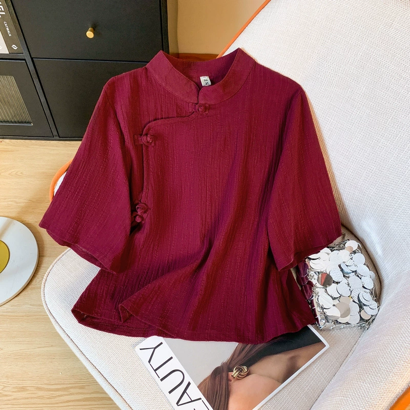 Новый чистый цвет в китайском стиле, улучшенный чайный костюм, топ с воротником-стойкой, ретро-текстура, диагональная планка, футболка с рукавами «летучая мышь» на пуговицах