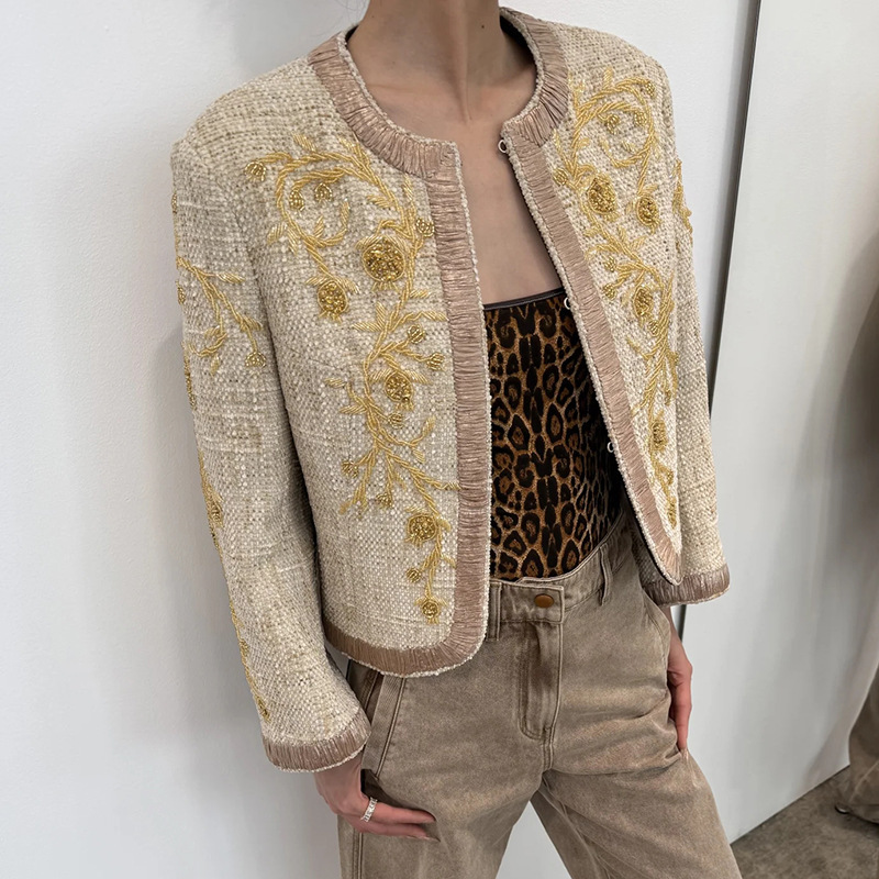 重工钉珠刺绣法式复古拼色边宽松西服奢华显瘦小个子圆领西装外套|undefined