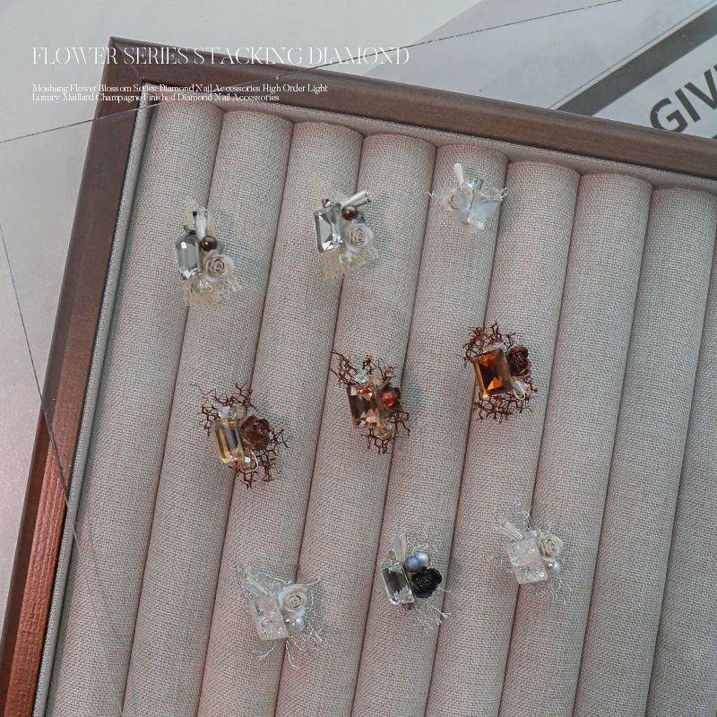Flores de lujo ligero cristal zircón manicuría pilas de diamante camellia joyerías de taladro de uñas lujosas