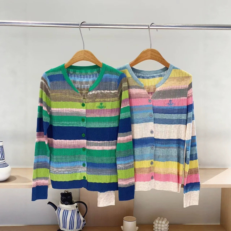 Knitted Cardigan for Women, 2026 Autumn New Style, Colorful Striped Long-Sleeve Design, Niche V-Neck Slimming Top Jacket