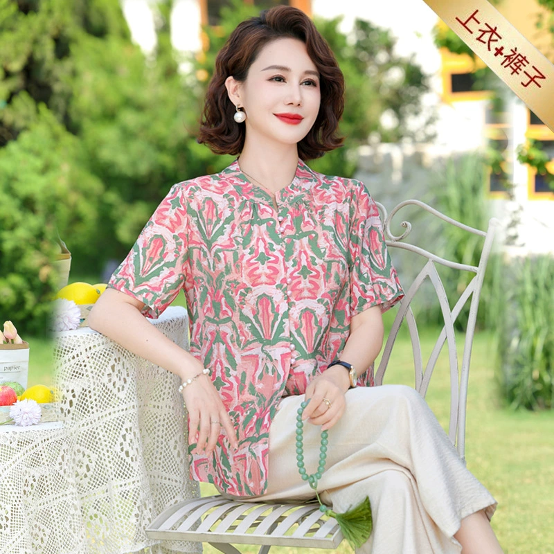 Мама летняя новая шелковистая хлопчатобумажная рубашка с короткими рукавами 50 лет 60-летняя женщина дышащая футболка с принтом из двух частей