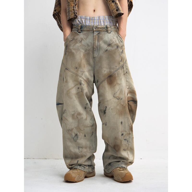 2025 spring and autumn new high-end feeling now dirty wash wide leg jeans gender-free wash old loose machete pants