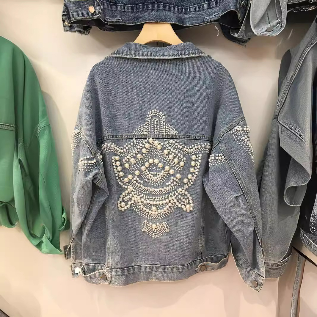 Women's Clothing autumn new beaded denim jacket loose pearl embroidery short top jacket female trend_voghion.com