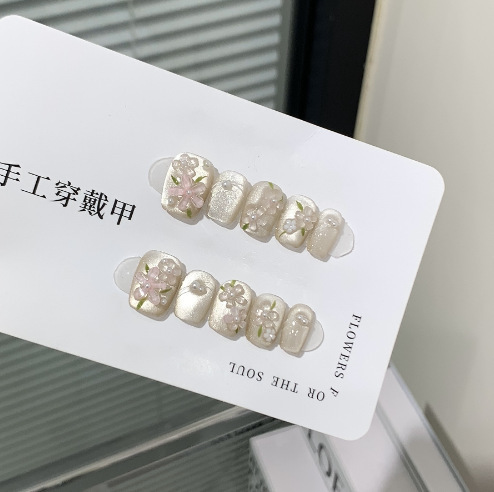 Purely Handmade Wearable Nails Chasing Light Cat Eye Spring and Summer Short Nails Hand-Painted Cat Eye Five-Petal Flower Camellia Nail Stickers