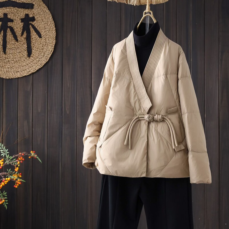 Original Niche Design Sense Lace-up Slim Type A Short Down Jacket Women's Artistic V-neck Kimono Coat White Duck Down