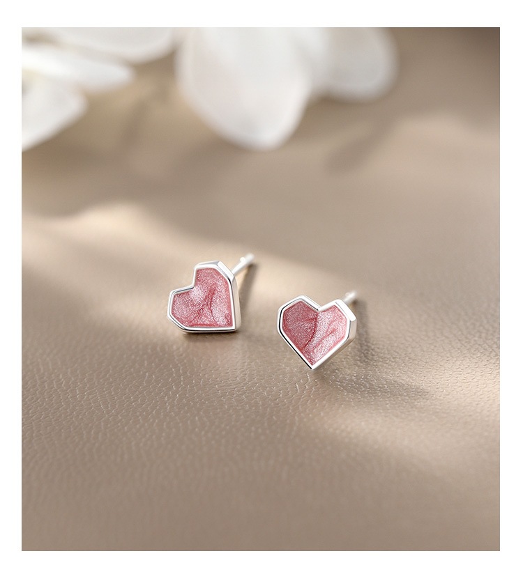 Enamel Design 1 Pair 925 Sterling Silver 925 Sterling Silver Earrings Heart Shape Ear Studs