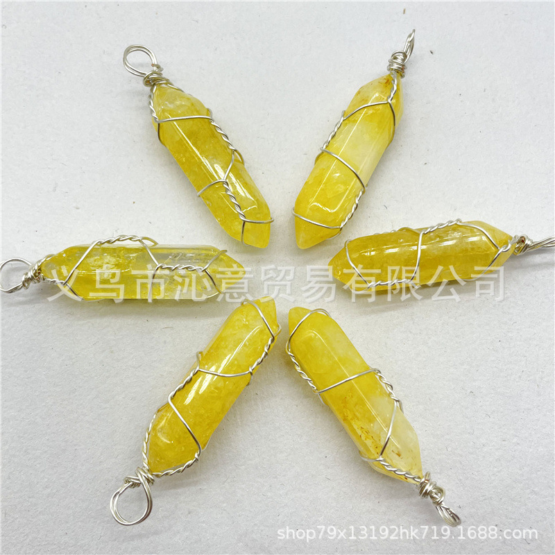 Comercio exterior caliente bobina hexagonal columna colgante collar de cristal natural hecho a mano de plata hilo bala joyería al por mayor