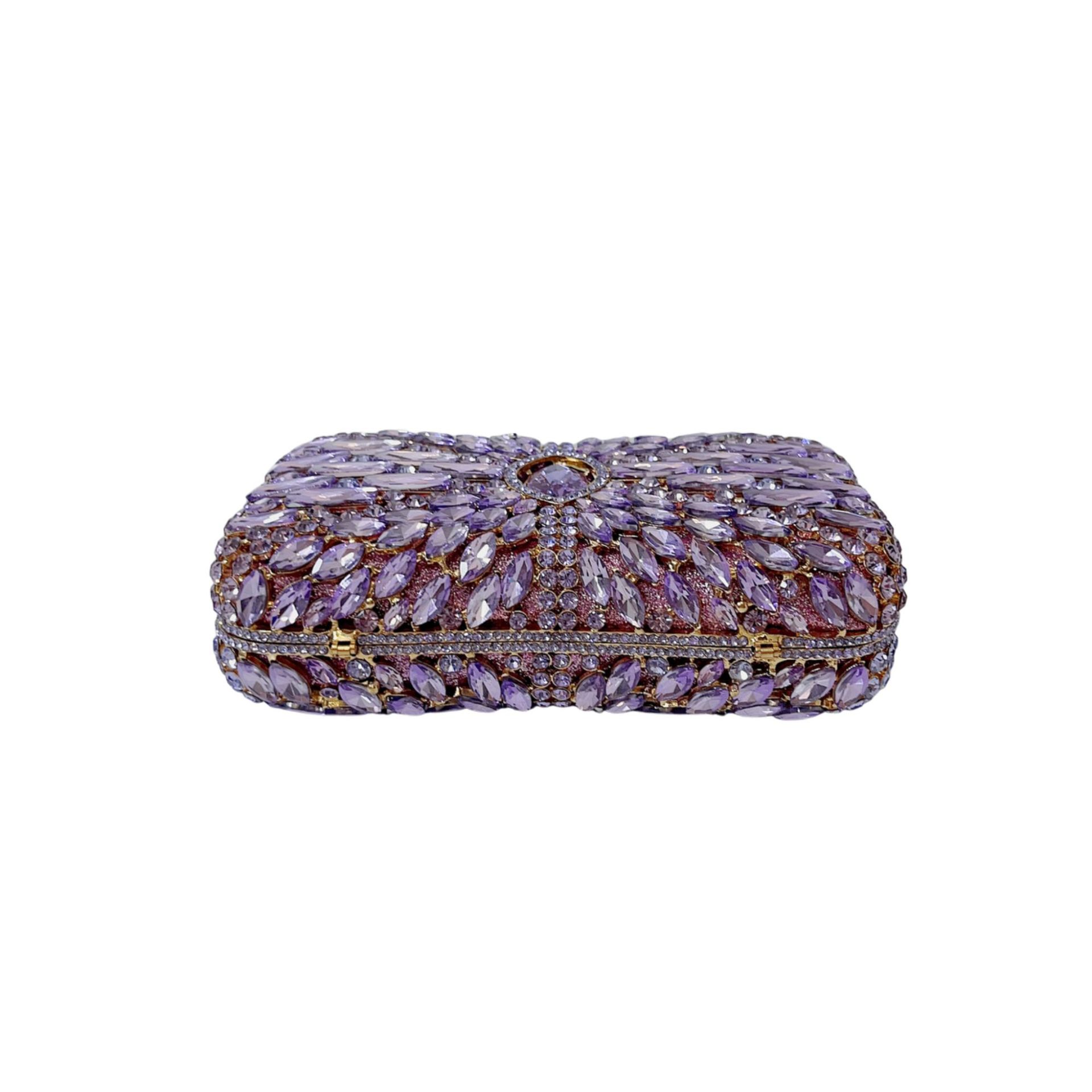 Túi clutch nữ đính đá rhinestone hộp cứng kim loại cầm tay dạ hội — Màu hồng, Hoa violet, Đế vàng kim cương, Màu sâm panh chi tiết 8