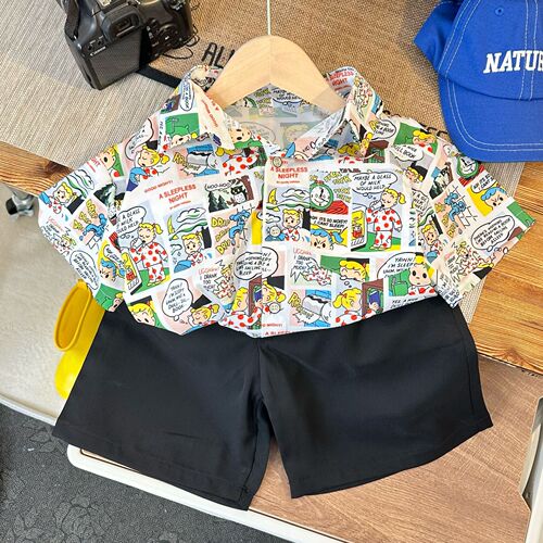 Children's shirt men's summer short-sleeved trendy flower fashion boy cartoon flower shirt foreign style Hong Kong style boy suit for vacation