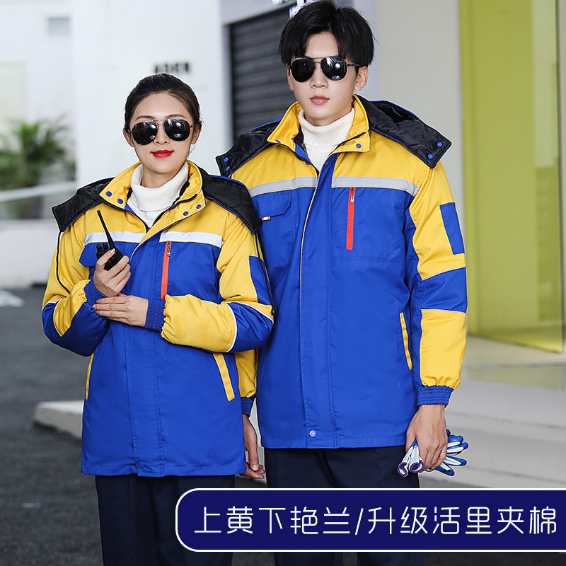 Ropa de trabajo de algodón hombre invierno grueso desgaste ropa de protección laboral chaqueta de algodón barra reflectante ropa de ingeniería de invierno personalizada