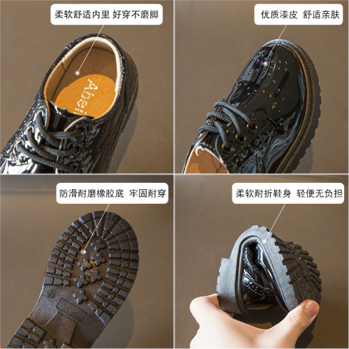 Boys' Leather Shoes Black Girls' Performance Shoes Spring and Autumn Little Girls' Soft Sole British Style Children's Lace-up Leather Shoes