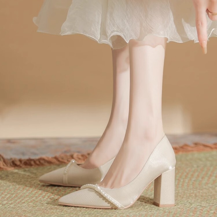 Chanel-Style Chunky Heel Genuine Leather Shoes for Women, 2025 French Spring New Style, Elegant Color-Blocking Shallow Mid-Heel High Heels