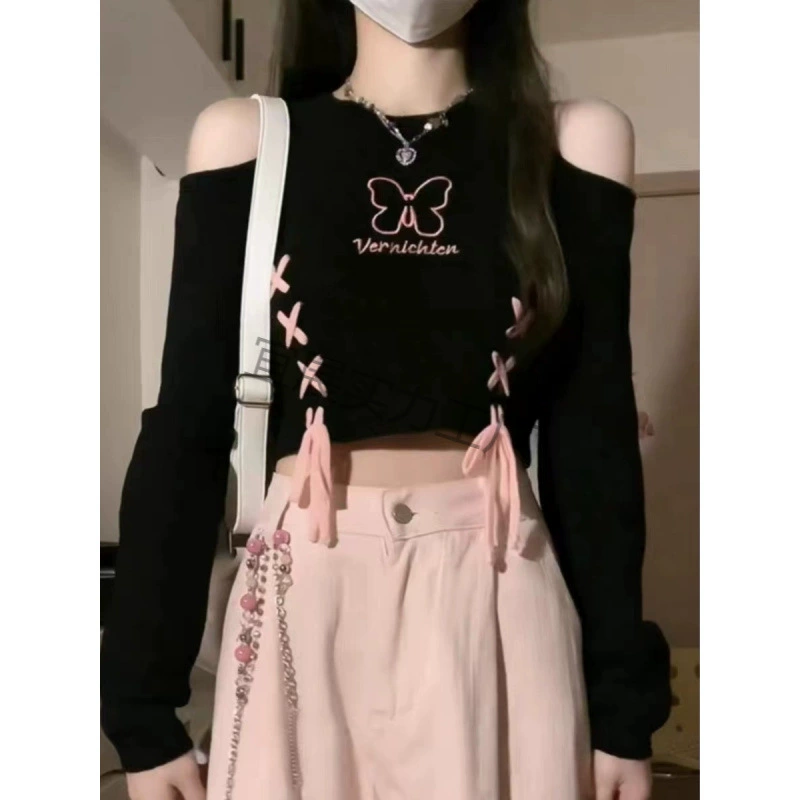 甜辣露肩针织长袖T恤女春秋新款大码胖妹妹绑带蝴蝶修身显瘦上衣