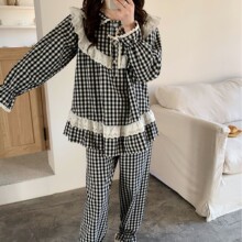 韩系可爱少女娃娃装红色格子翻领蕾丝边拼接睡衣家居服套装