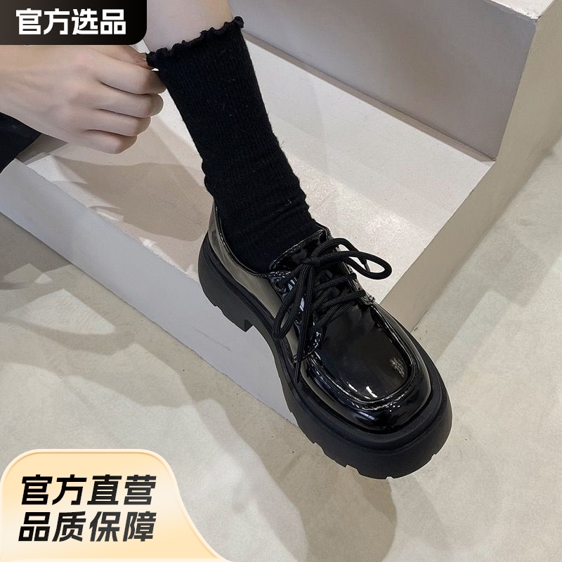 Zapatos de cuero con suela gruesa, nuevos zapatos estilo británico retro de primavera y otoño, zapatos negros versátiles que combinan con faldas, mocasines con cordones.