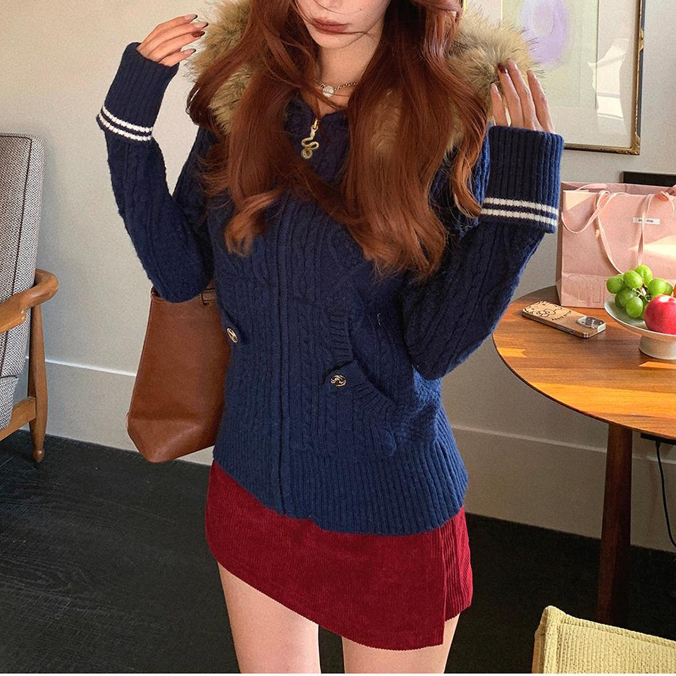 Beihai First Snow Lazy Fur Collar Hooded Zipper Red Sweater Women's Early Autumn Knitted Cardigan Jacket